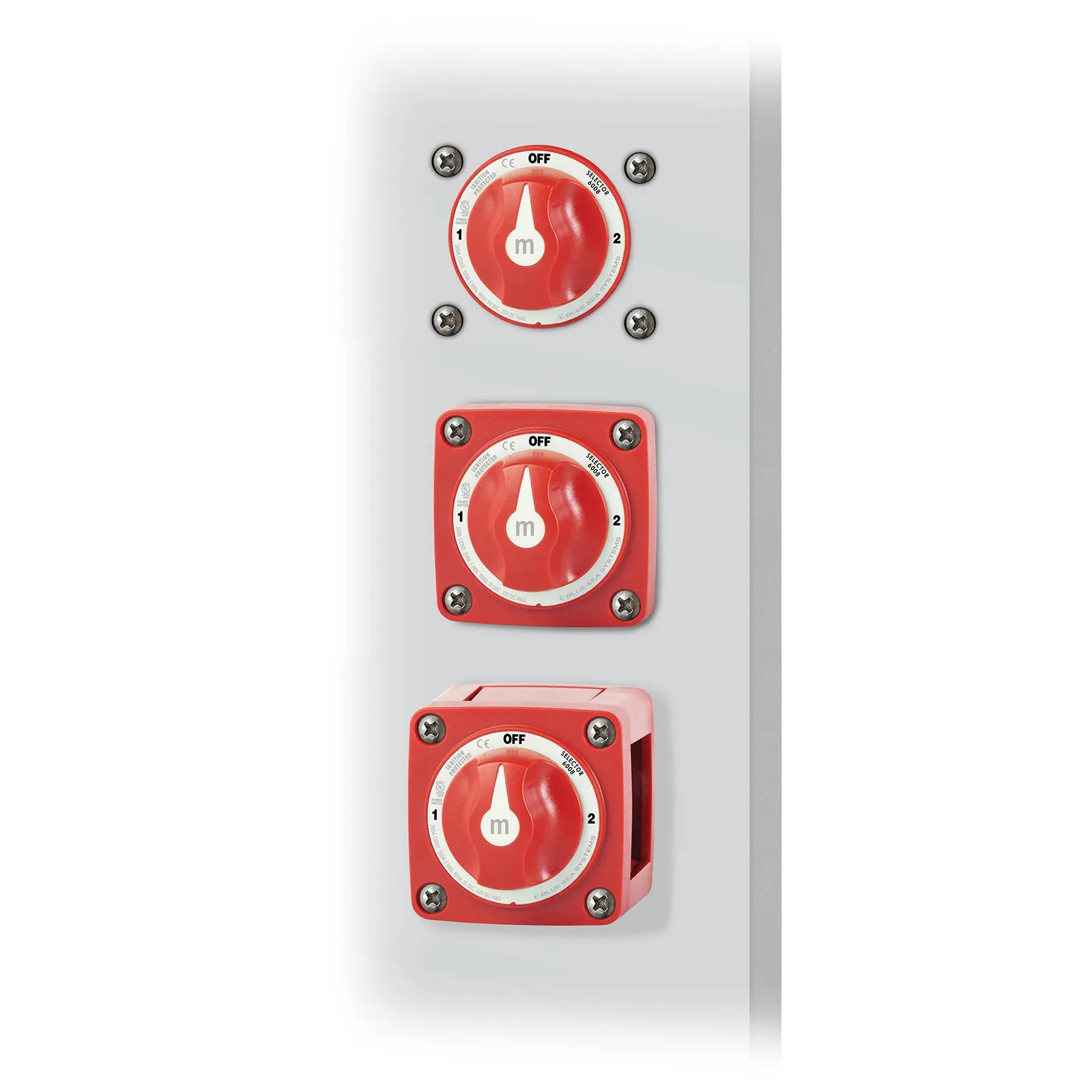 Three battery switches demonstrating surface and panel mounting configurations