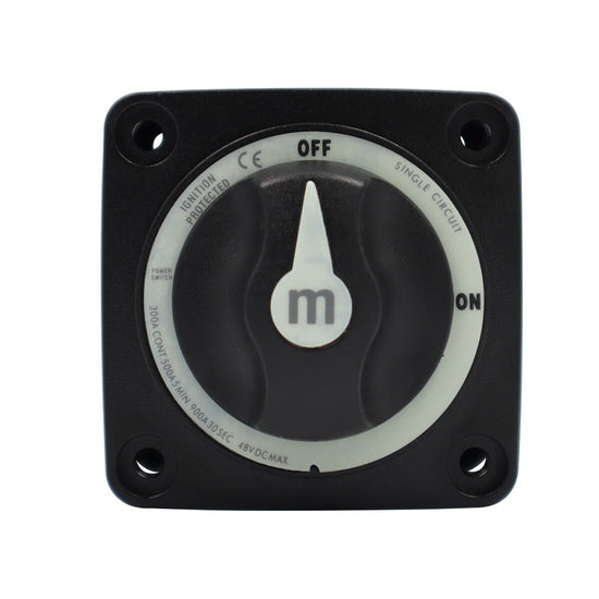 Front view of black battery switch faceplate showing ON OFF position indicators and amperage ratings