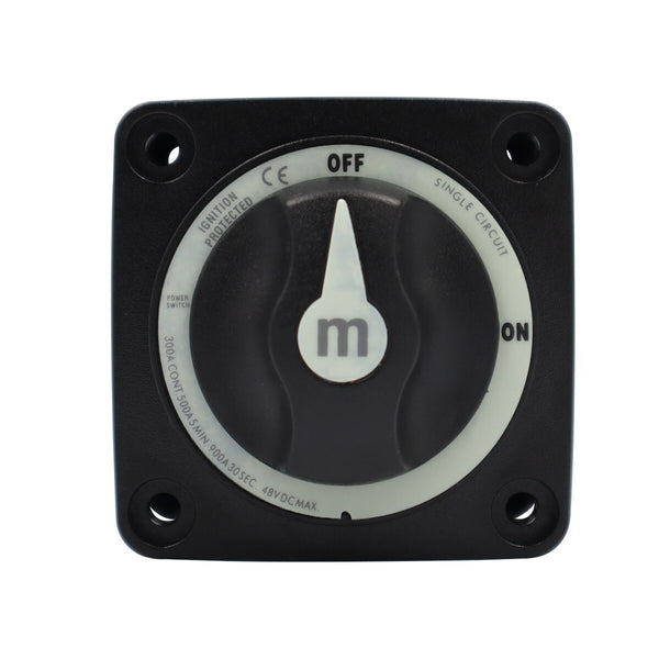 Front view of black battery switch faceplate showing ON OFF position indicators and amperage ratings