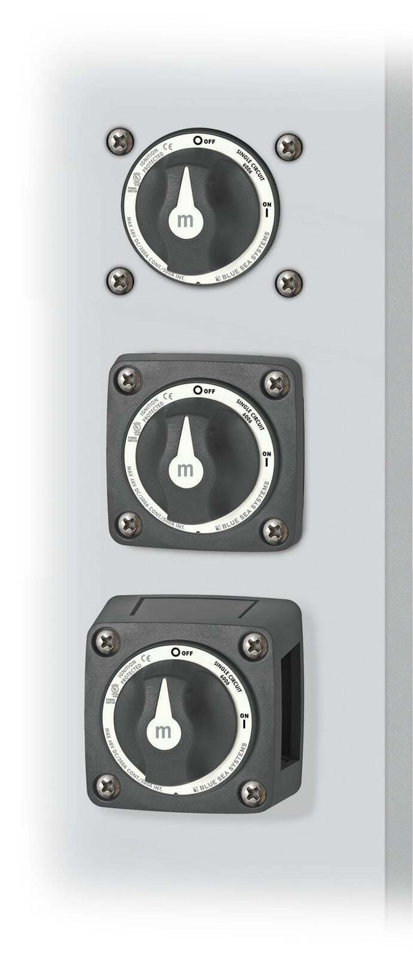 Vertical layout of three battery switches demonstrating surface, rear and front panel mounting methods