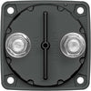 Rear housing of battery switch displaying two terminal studs, retaining nuts and molded input output markings