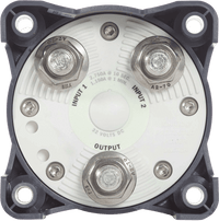 Rear connection interface showing large tinned copper studs for battery inputs and output