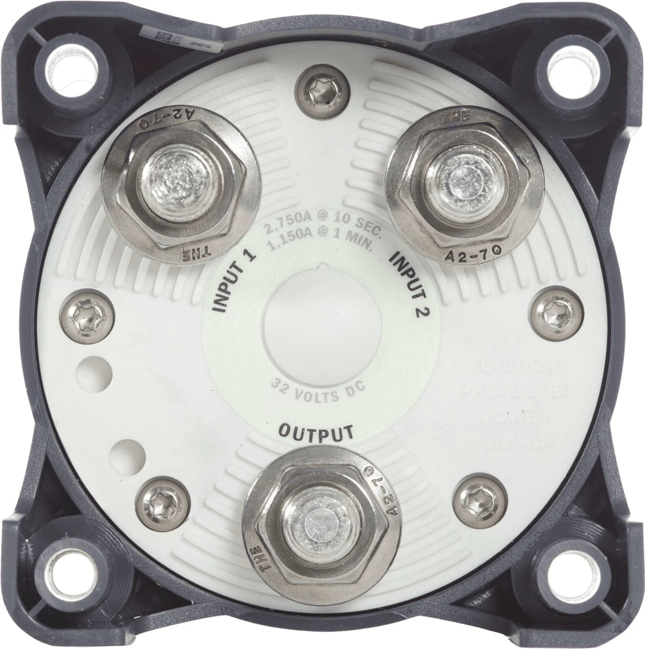 Rear connection interface showing large tinned copper studs for battery inputs and output
