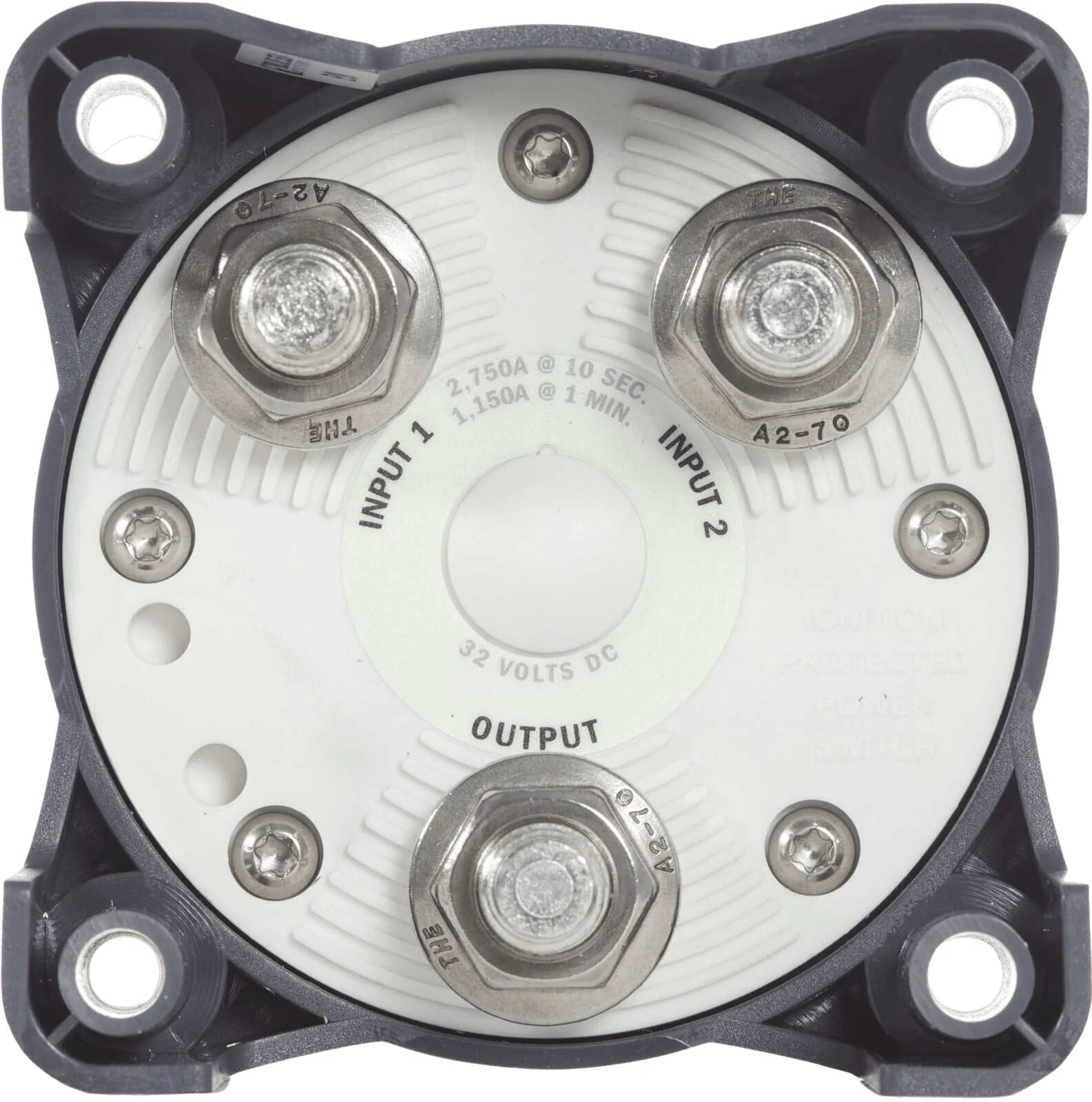 Rear connection interface showing large tinned copper studs for battery inputs and output