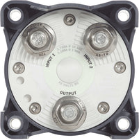 Rear connection interface showing large tinned copper studs for battery inputs and output