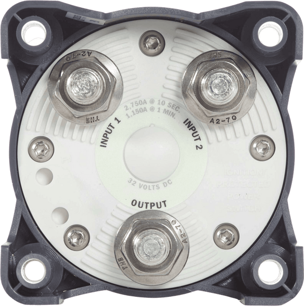Rear connection interface showing large tinned copper studs for battery inputs and output
