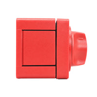 Side profile of a red battery switch enclosure showing removable side plate