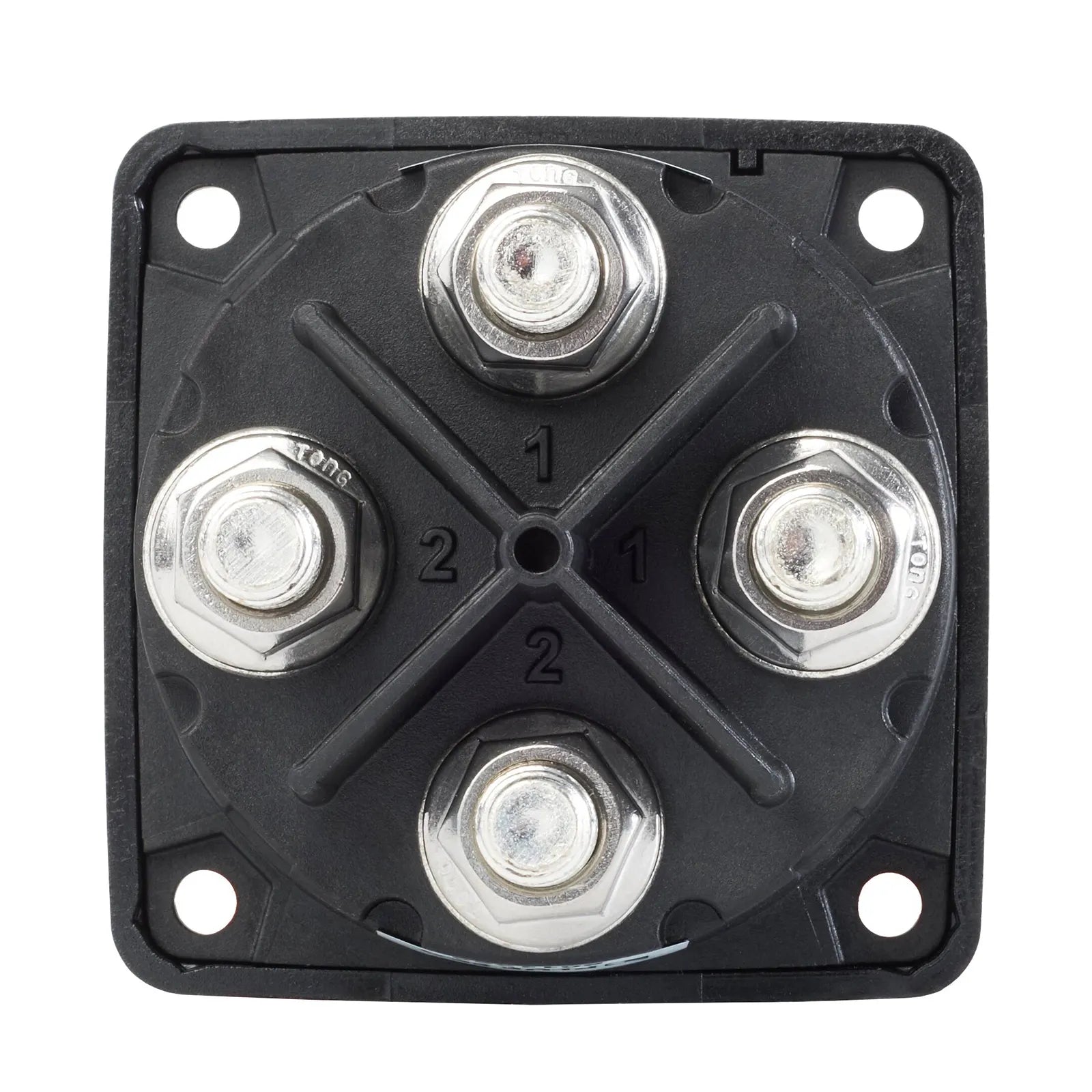 Rear view of battery switch showing four tinned copper M10 terminal studs and isolation barriers