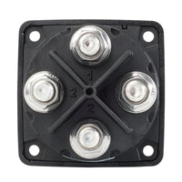 Rear view of battery switch showing four tinned copper M10 terminal studs and isolation barriers