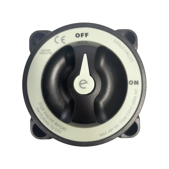 Top-down view of battery switch showing rotary knob and clear ON OFF position labels