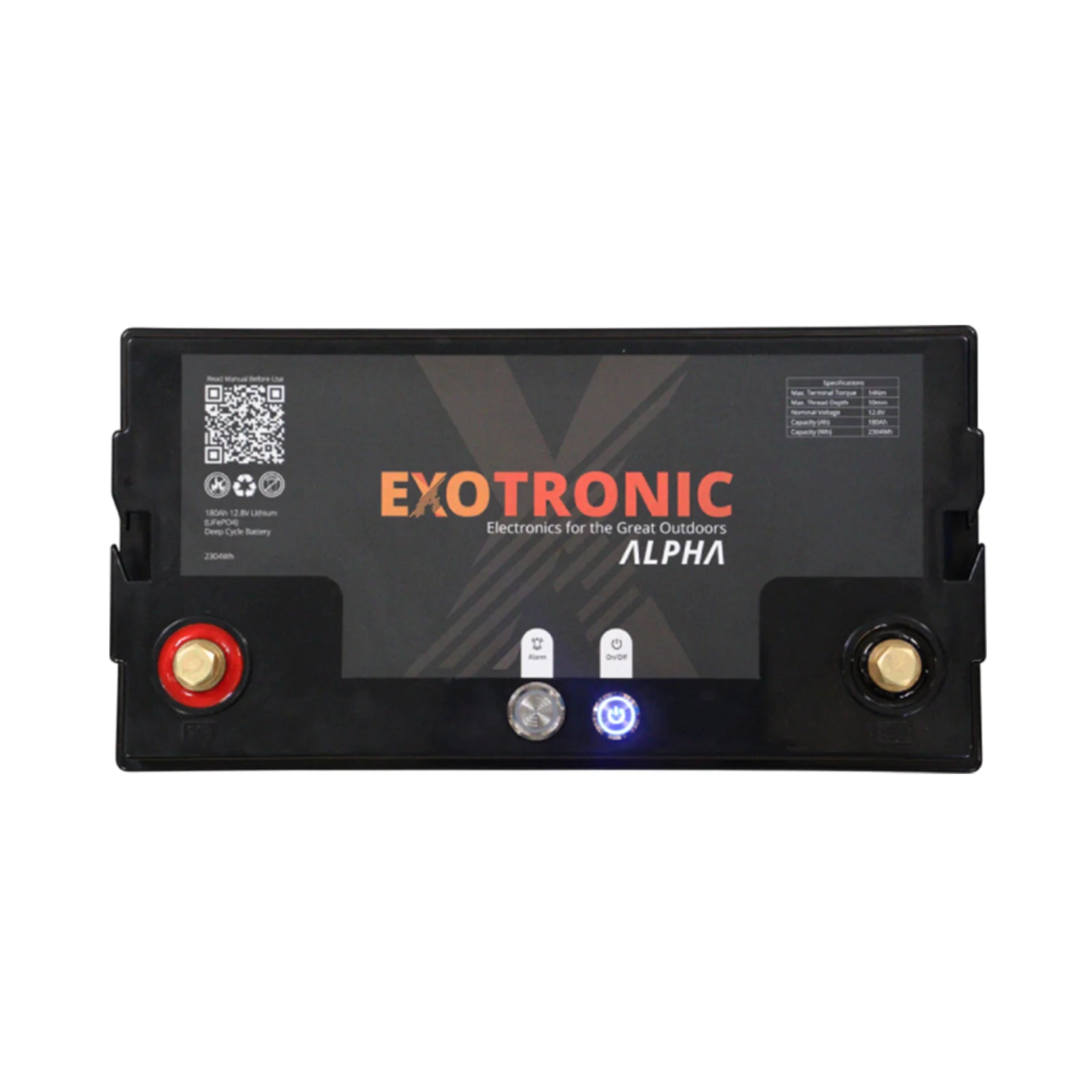 Top-down technical view of battery interface with terminals and control buttons