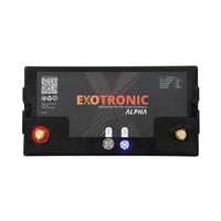 Top-down technical view of battery interface with terminals and control buttons
