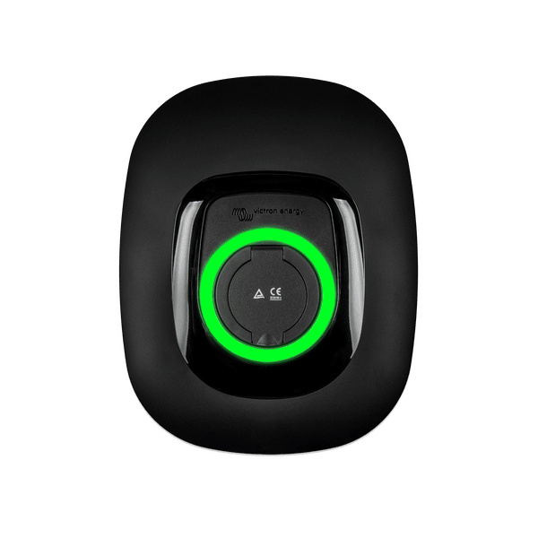 Victron EV charging station with black cover installed and glowing green status LED ring