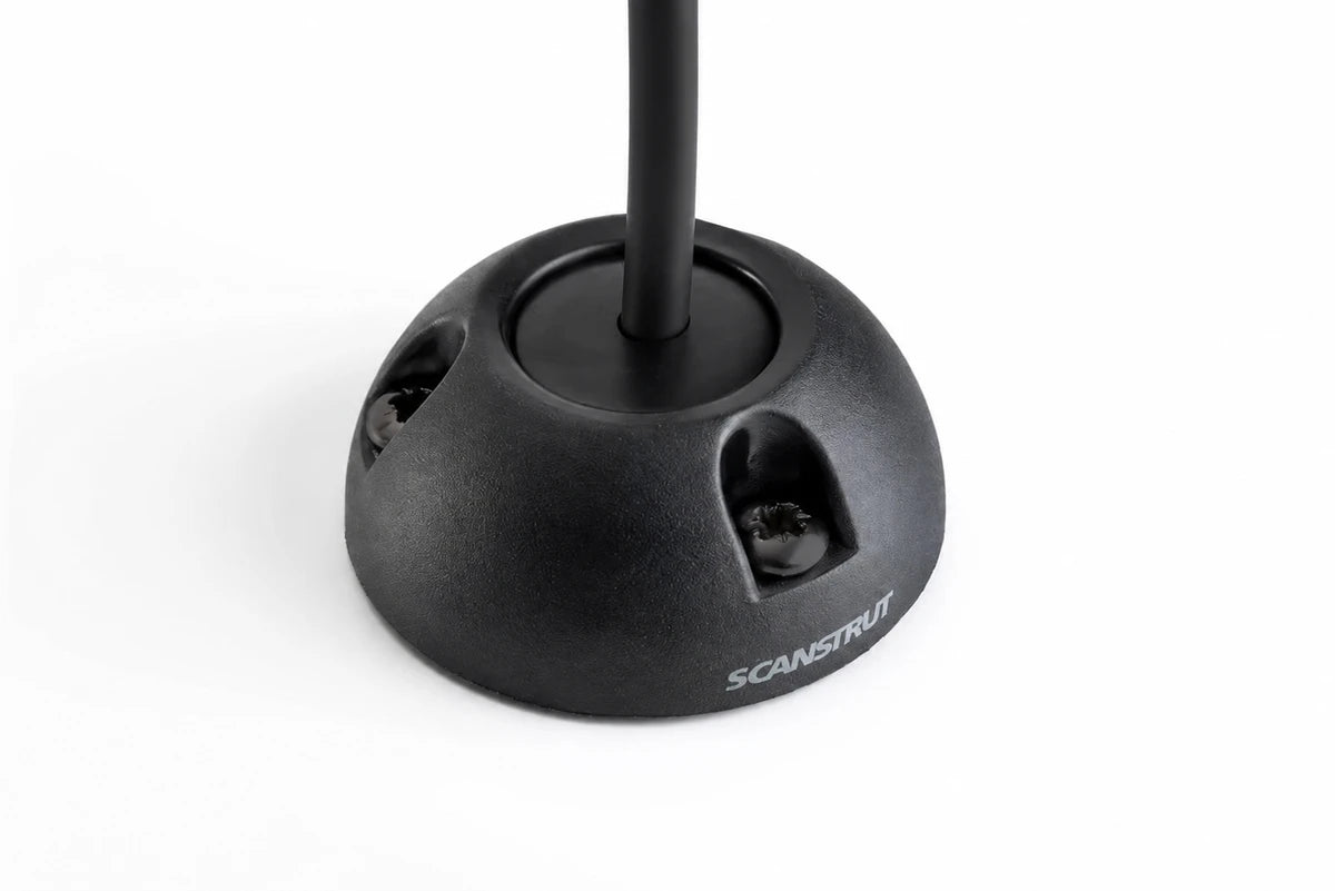 Black vertical entry cable seal with cable passing through the centre and mounting screws visible