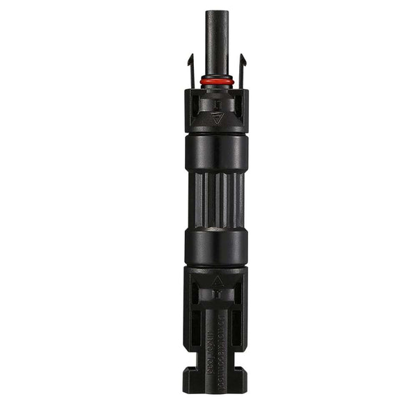 Vertical view of Exotronic 20A in-line blocking diode solar connector with red O-ring seal
