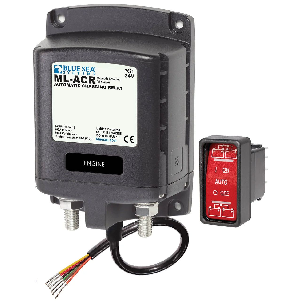 24V 500A magnetic latching automatic charging relay with remote rocker switch and tinned copper terminals