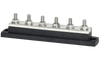 Side view of 250A busbar with six 5/16 inch studs, tin-plated copper plate and black insulating base