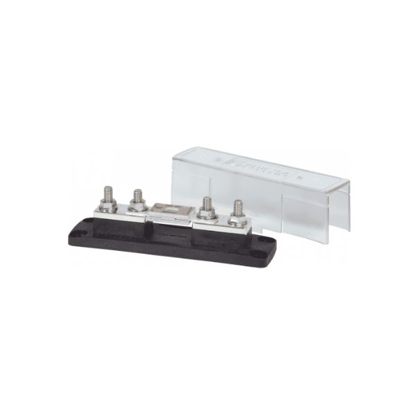 Blue Sea ANL fuse holder featuring a black base, two 5/16 inch studs, installed fuse and clear cover