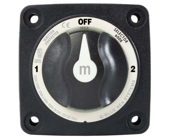 Front face of 3-position battery switch showing off position and mounting holes in corners