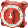 Front view of red e-Series dual circuit battery switch showing ON OFF positions and 350A rating