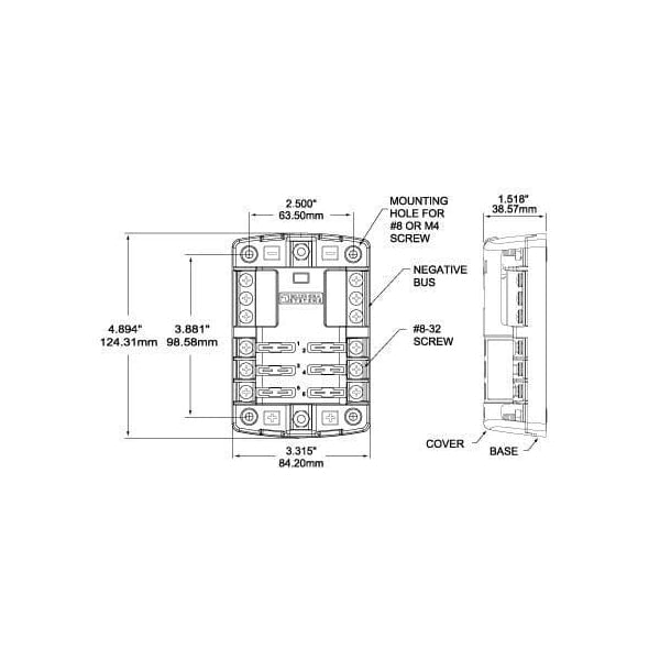 Technical drawing of fuse block dimensions showing 124.31mm height and 84.20mm width