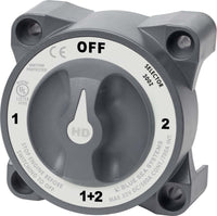 Front view of Blue Sea HD-Series battery selector switch with 4 positions OFF, 1, 2, 1+2 and grey knob