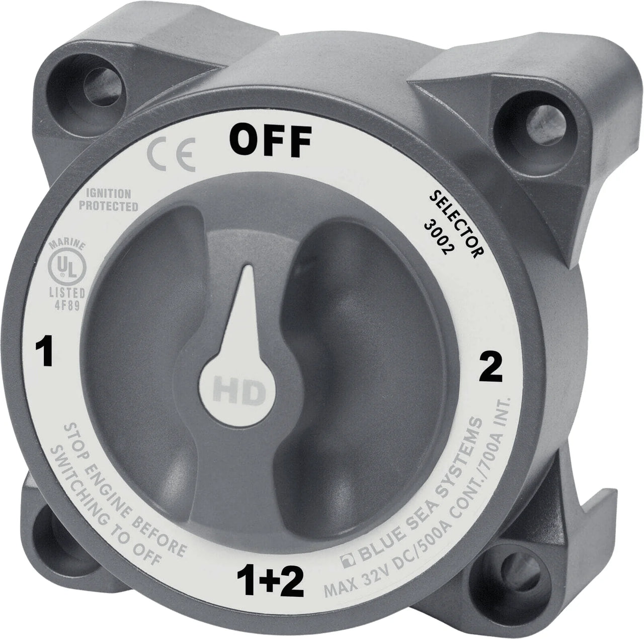 Front view of grey heavy-duty battery selector switch with rotary dial showing OFF, 1, 2 and 1+2 positions