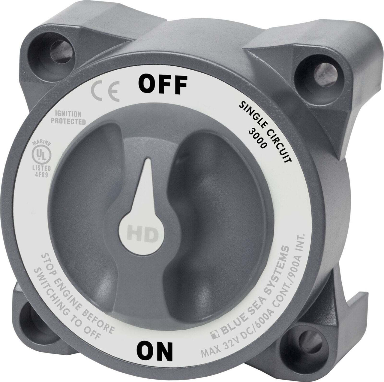 Front view of Blue Sea HD-Series battery switch with 600A continuous rating