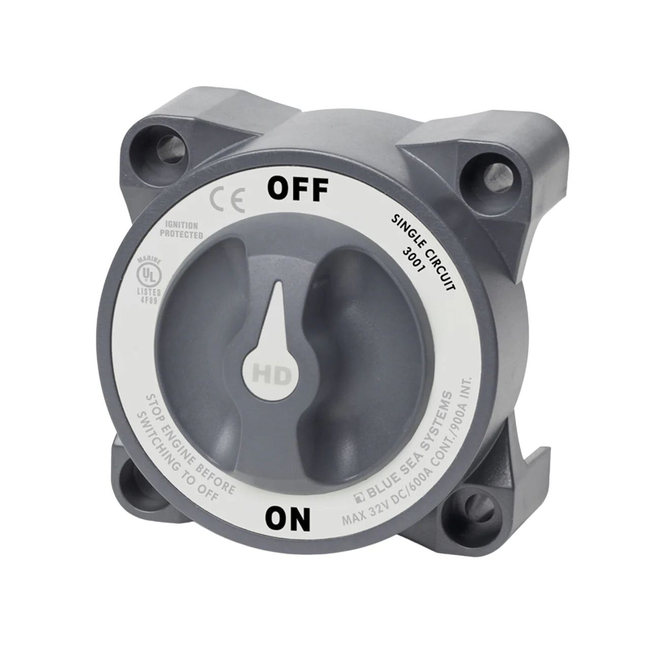 Grey heavy-duty battery switch selector in OFF position with high amperage safety labels
