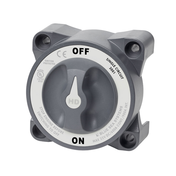 Grey heavy-duty battery switch selector in OFF position with high amperage safety labels
