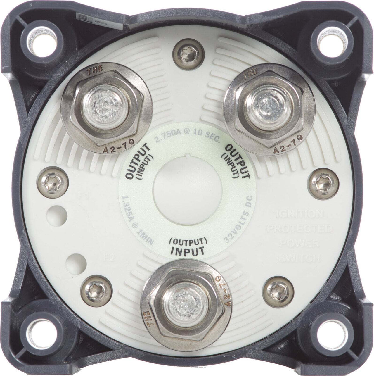 Rear view of Blue Sea HD-Series switch showing terminal studs and mounting holes