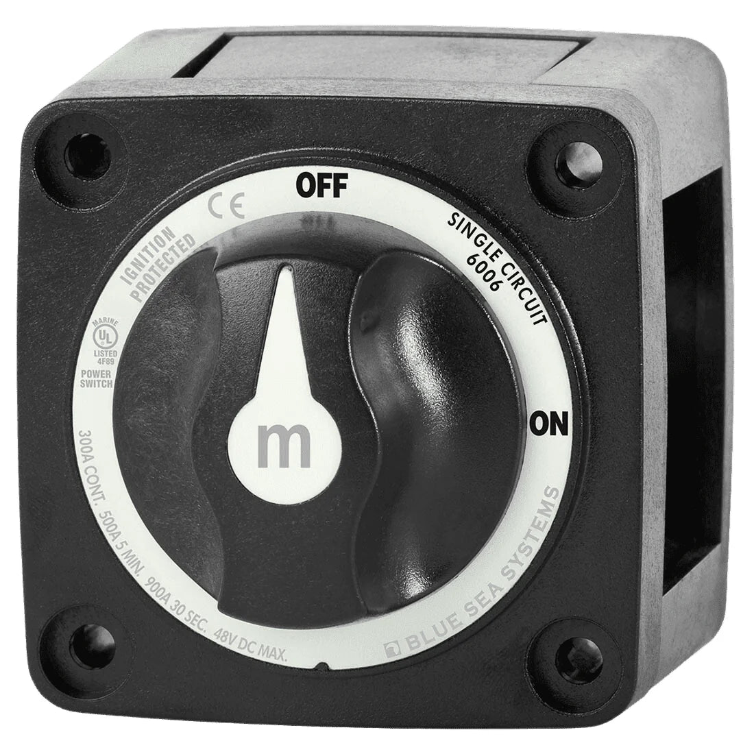 Front view of black battery switch with rotary knob in OFF position, showing ignition protected and single circuit text