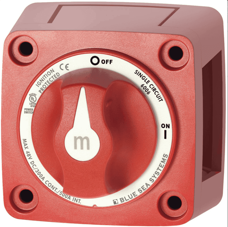 Front view of red single circuit battery switch with white ON/OFF dial and ignition protection label