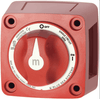 Front view of red single circuit battery switch with white ON/OFF dial and ignition protection label