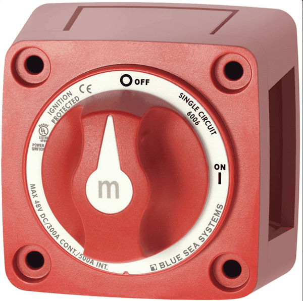 Front view of red single circuit battery switch with white ON/OFF dial and ignition protection label