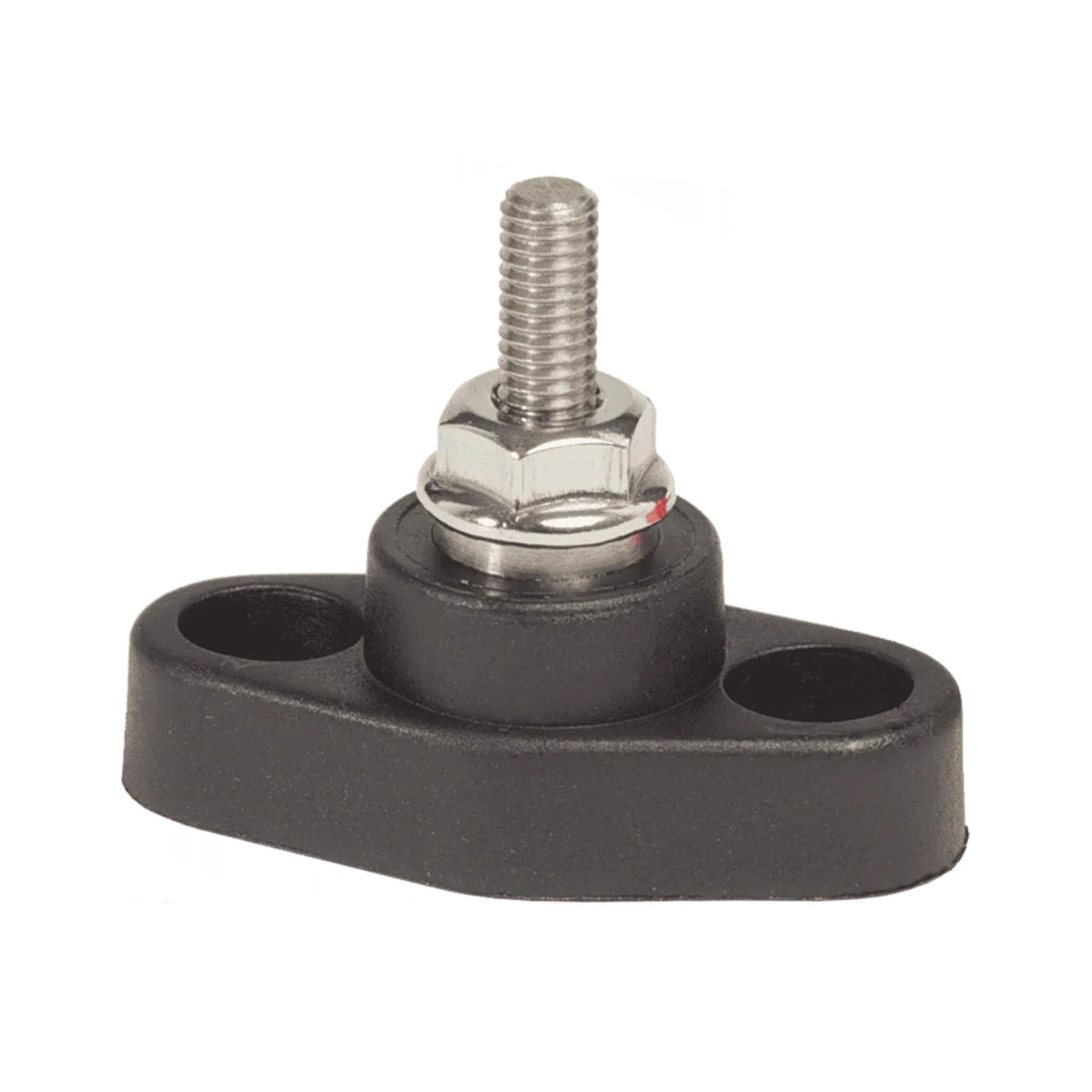 Mini power post connector with stainless steel 10-32 stud on black reinforced thermoplastic base