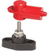 Red insulating cover hovering above black PowerPost base with 10-32 threaded stud and mounting holes