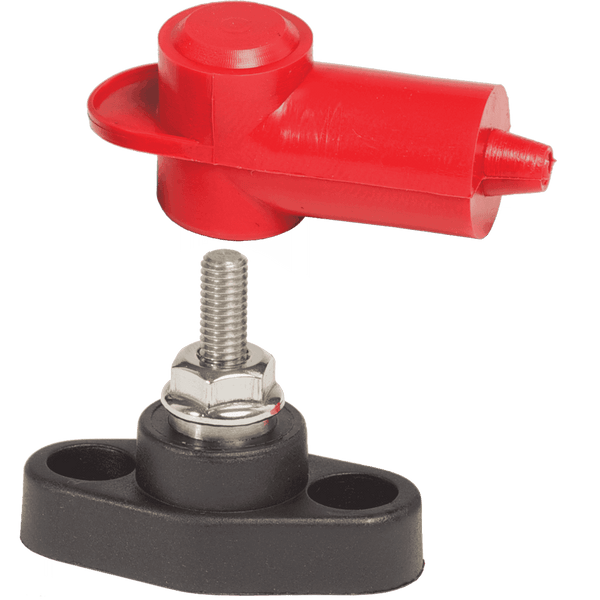 Red insulating cover hovering above black PowerPost base with 10-32 threaded stud and mounting holes