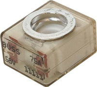 Close-up angled view of 75A marine battery terminal fuse with clear casing and 58V markings