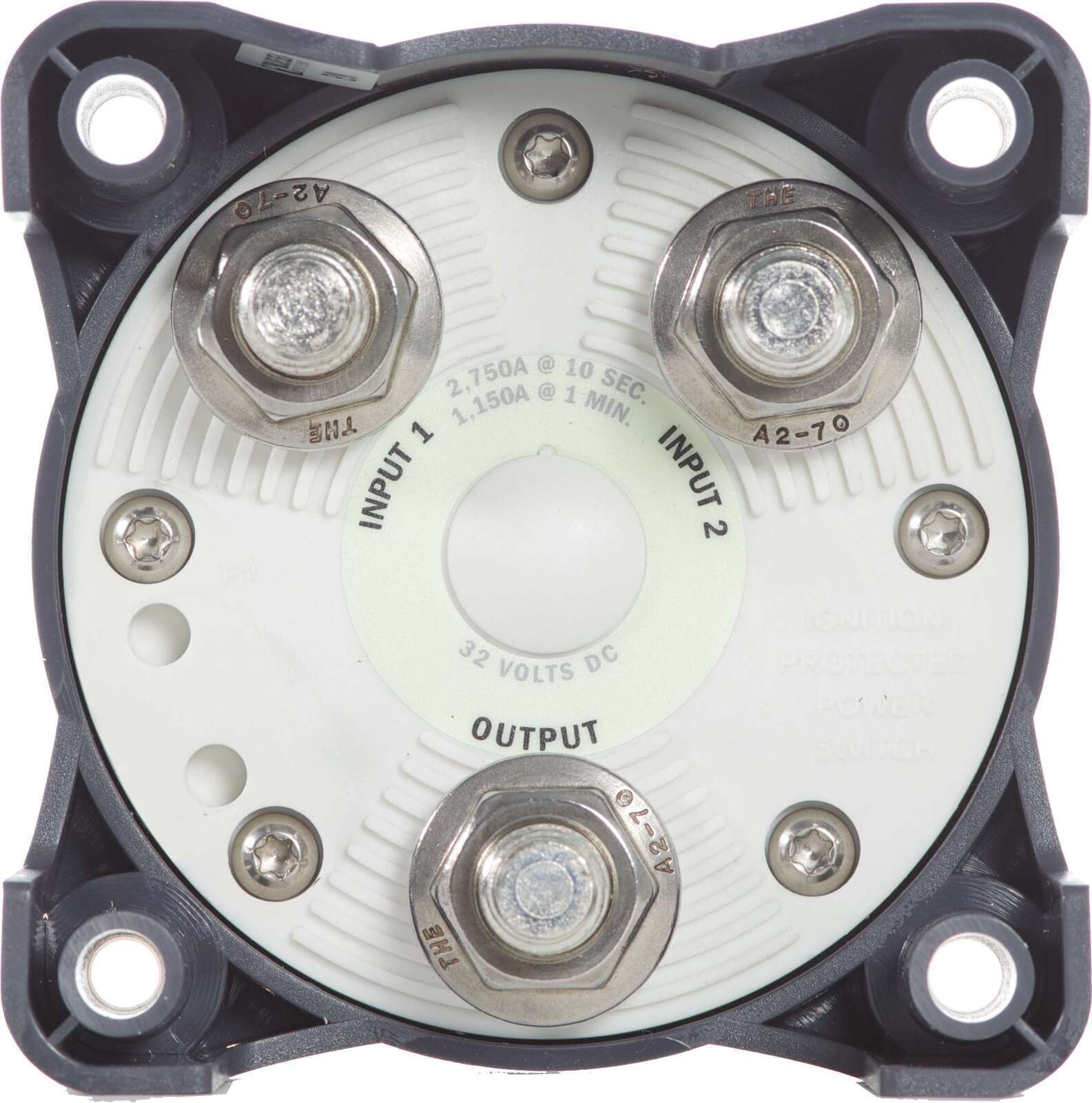 Rear view of battery switch showing three tinned copper terminal studs labelled Input 1, Input 2 and Output