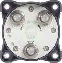 Rear view of battery switch showing three tinned copper terminal studs labelled Input 1, Input 2 and Output