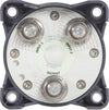 Rear view of battery switch showing three tinned copper terminal studs labelled Input 1, Input 2 and Output