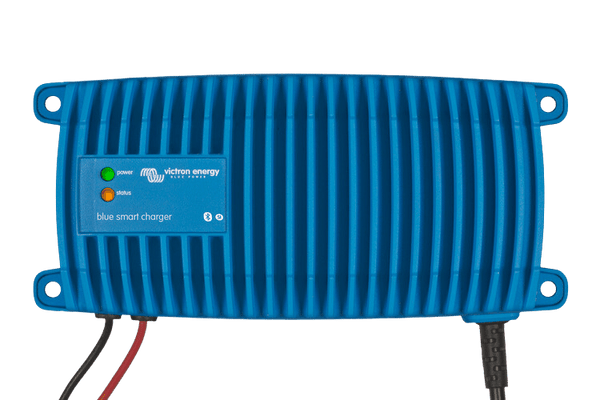 Top view of the blue ribbed aluminium enclosure with LED indicators and Bluetooth logo