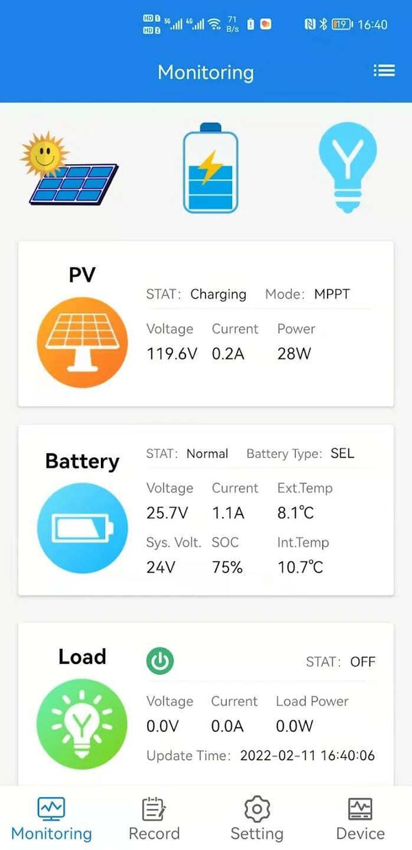 Smartphone app screenshot showing real-time solar monitoring data