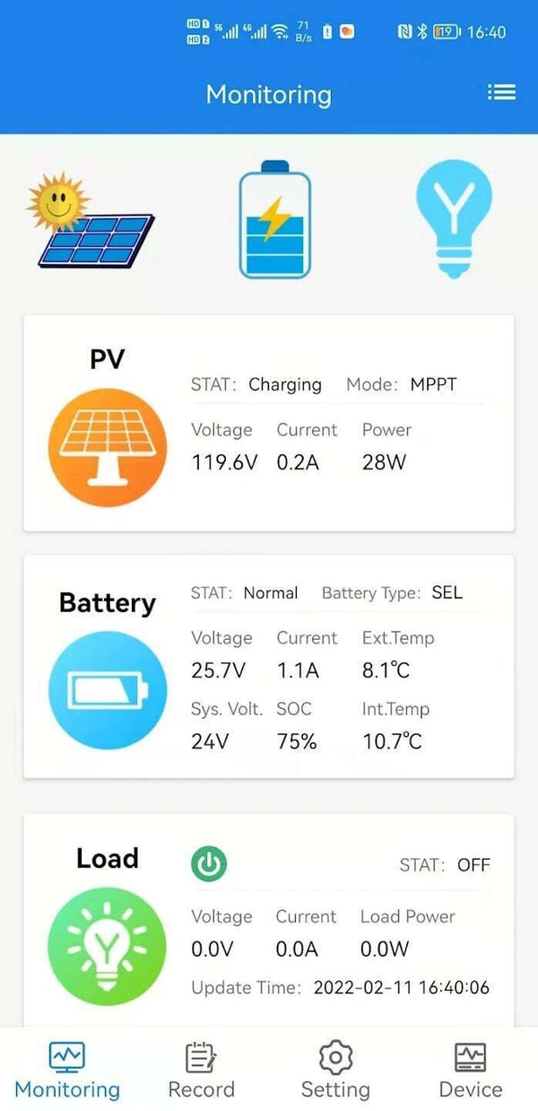 Screenshot of Bluetooth solar controller monitoring app interface
