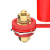 Close-up of brass M10 terminal stud and serrated locking washer on red insulated base