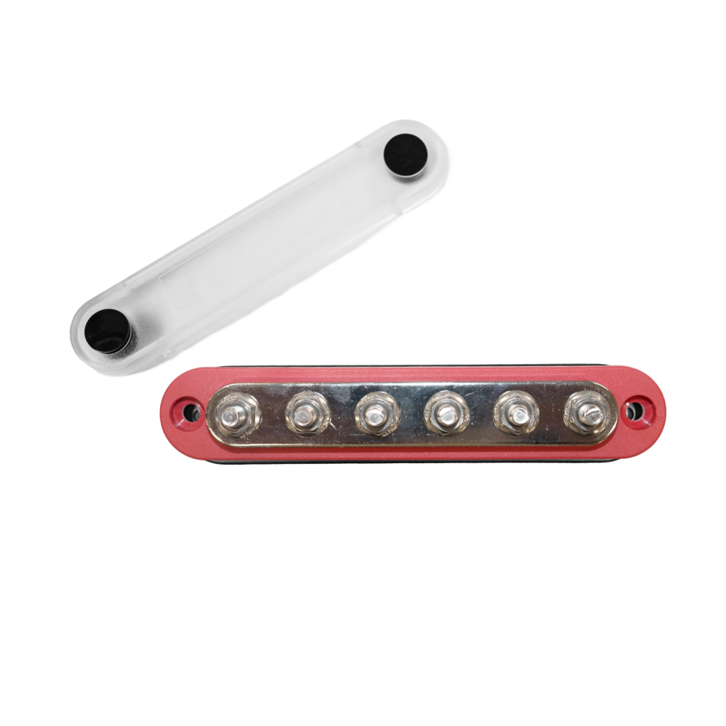 Red 150A busbar displayed with its transparent protective cover removed