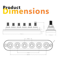 Dimensional drawing of 6-point busbar with length and width measurements in millimetres