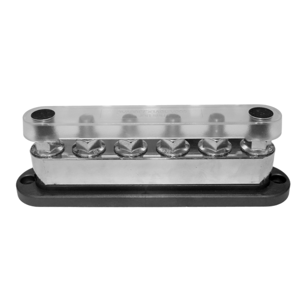 Angled side view of assembled busbar showing profile and cover height