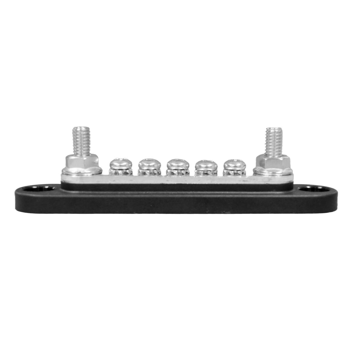 Side profile of busbar showing threaded studs and black insulated base